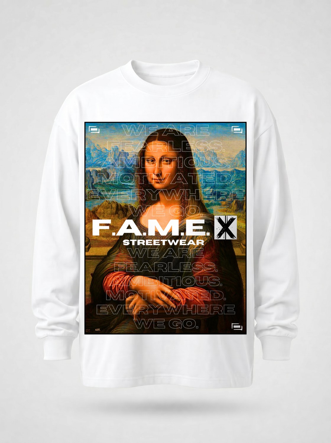 Mona Lisa twin parody art long sleeve shirt in white | F.A.M.E. X streetwear