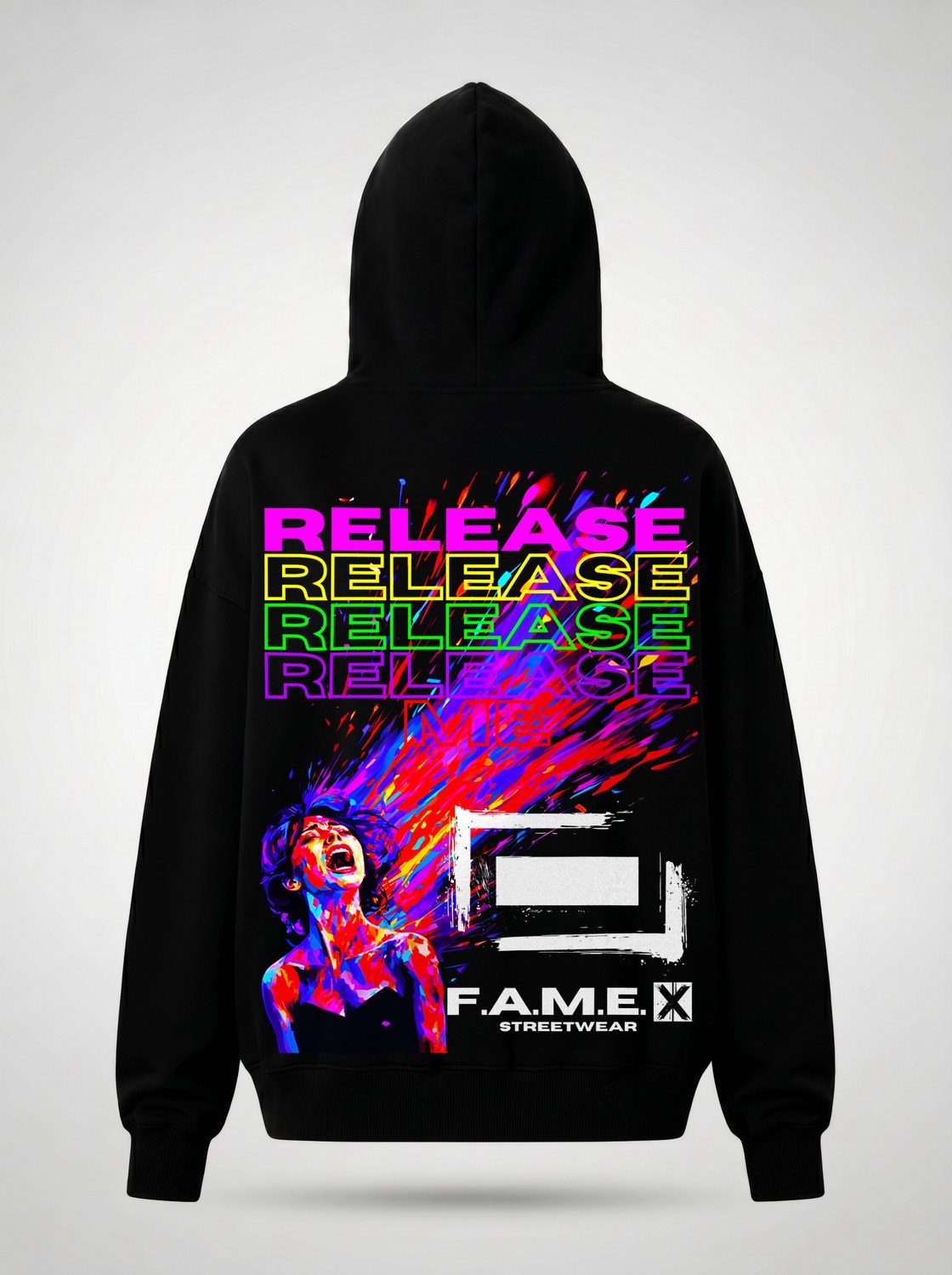 Release Me expressionist catharsis pop art hoodie back print view, in black | F.A.M.E. X streetwear