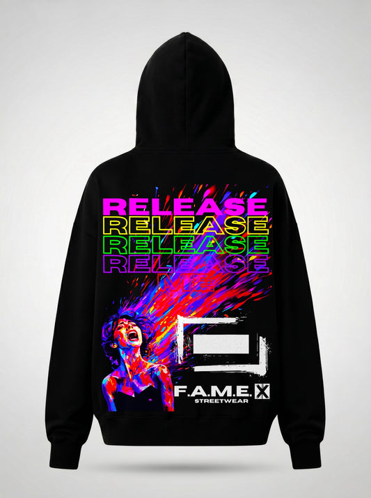 Release Me expressionist catharsis pop art hoodie back print view, in black | F.A.M.E. X streetwear