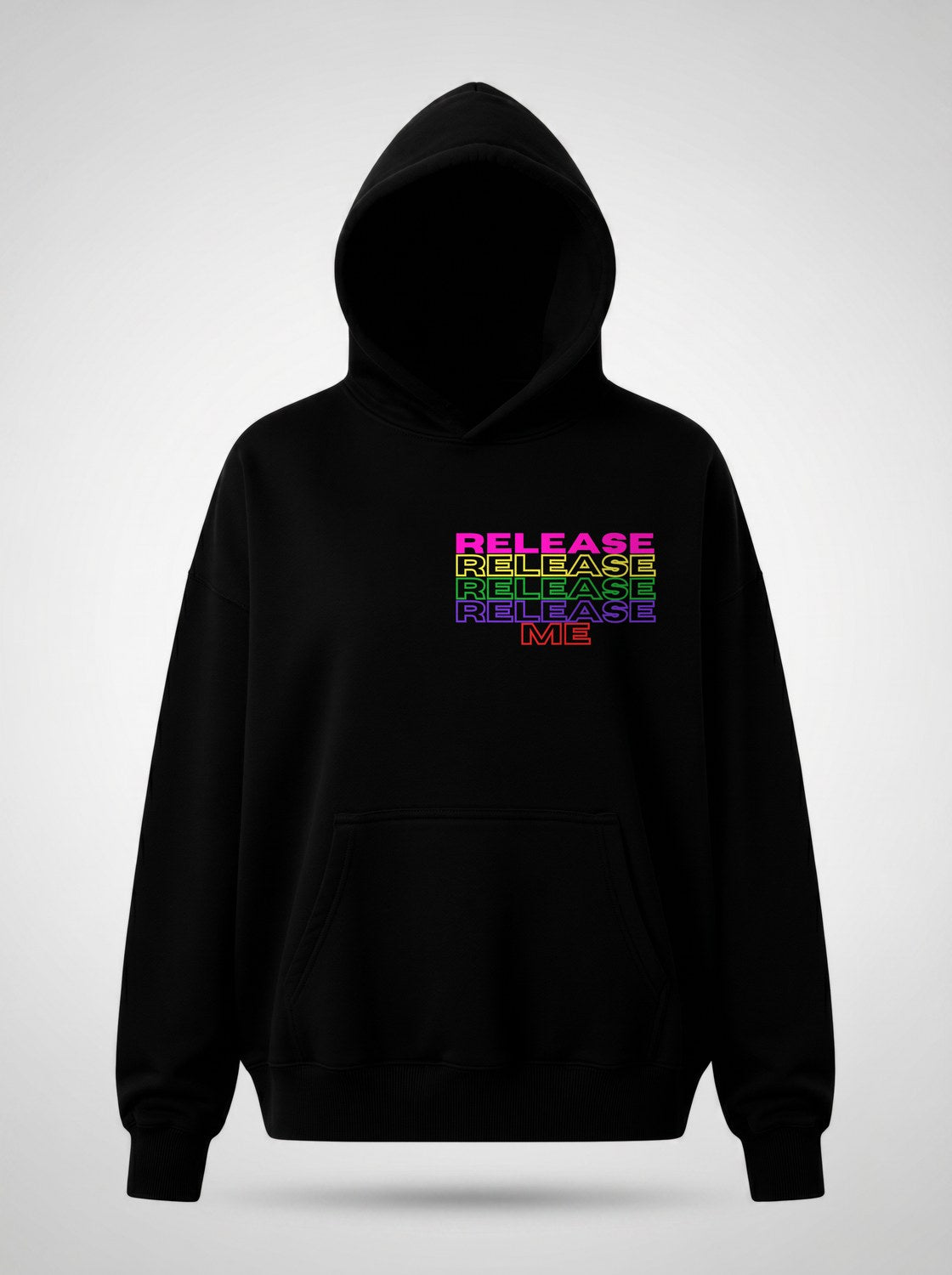 Release Me expressionist catharsis pop art hoodie front view, in black | F.A.M.E. X streetwear