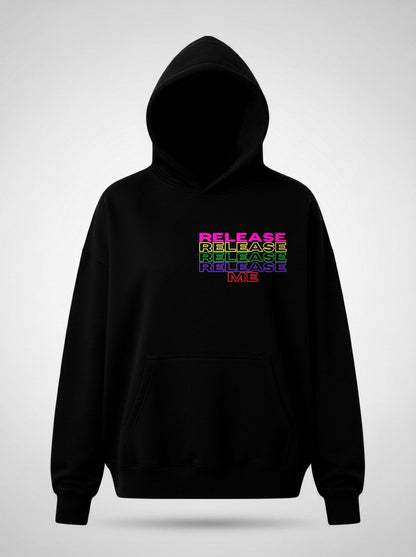 Release Me expressionist catharsis pop art hoodie front view, in black | F.A.M.E. X streetwear