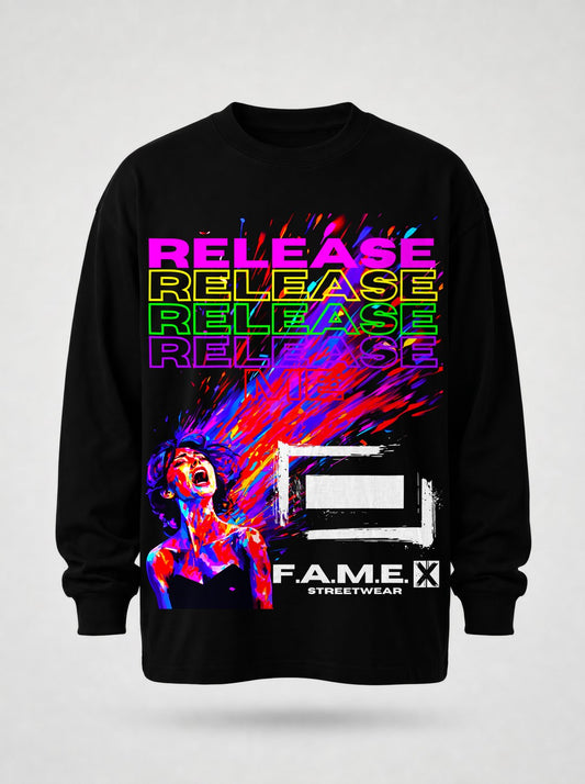 Release Me expressionist catharsis pop art long sleeve shirt in black | F.A.M.E. X streetwear