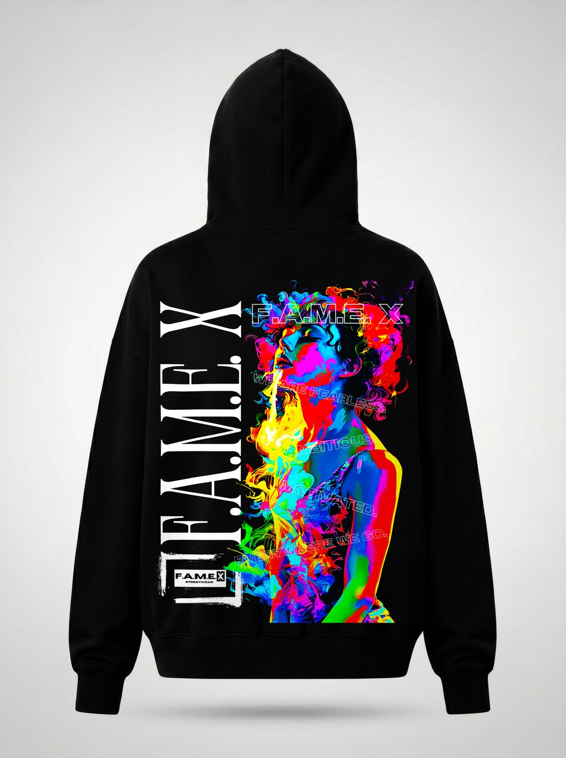 Smoker Girl pop art smoke portrait hoodie back print view, in black | F.A.M.E. X streetwear