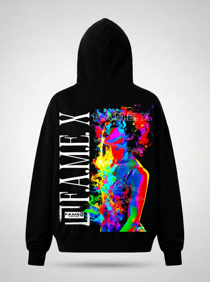 Smoker Girl pop art smoke portrait hoodie back print view, in black | F.A.M.E. X streetwear