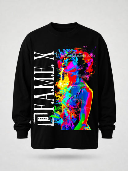 Smoker Girl pop art smoke portrait long sleeve shirt in black | F.A.M.E. X streetwear