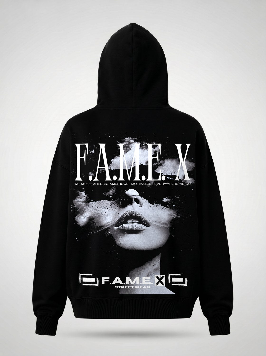 Star Gazer celestial pop art hoodie back print view, in black | F.A.M.E. X streetwear