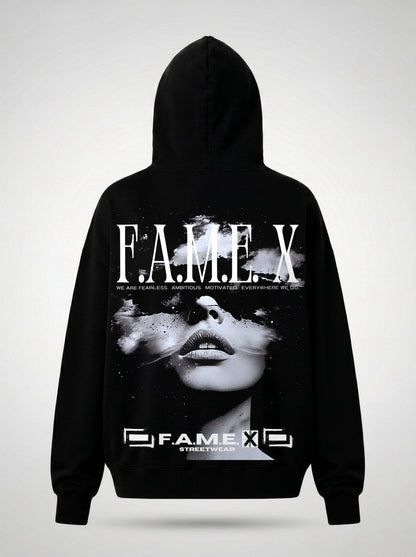 Star Gazer celestial pop art hoodie back print view, in black | F.A.M.E. X streetwear