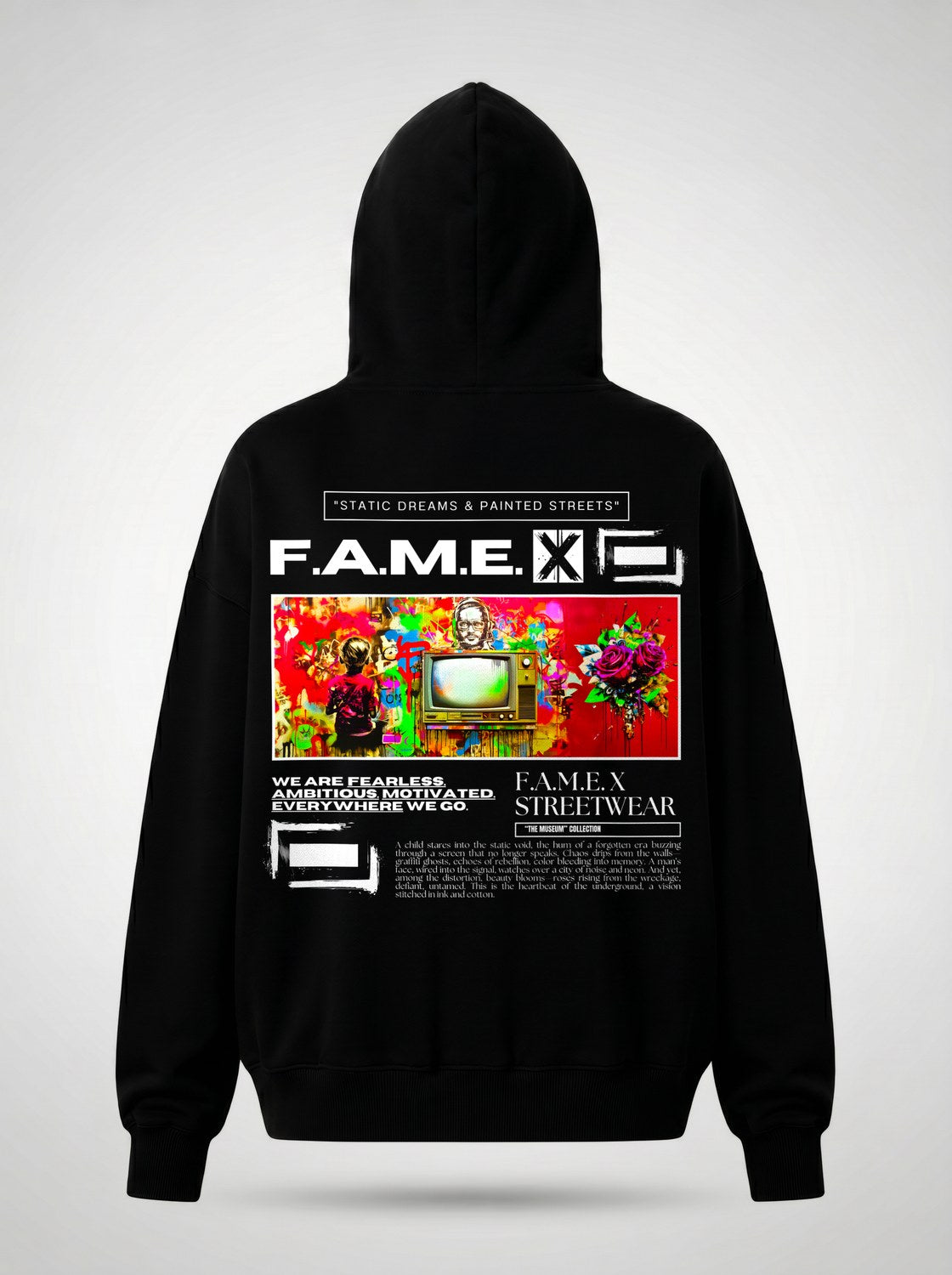 Static Dreams retro TV static pop art hoodie back print view, in black | F.A.M.E. X streetwear