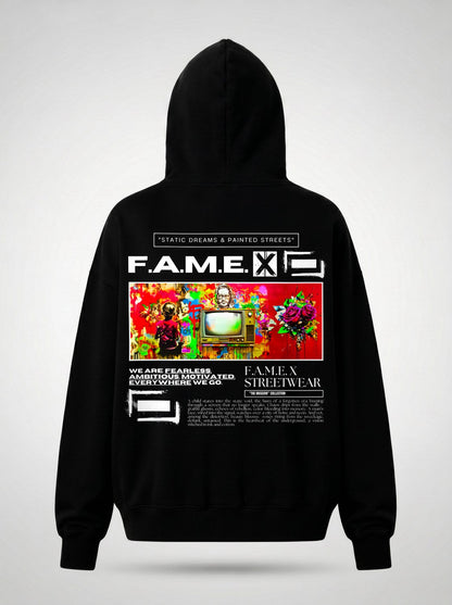Static Dreams retro TV static pop art hoodie back print view, in black | F.A.M.E. X streetwear