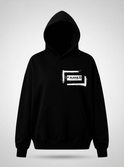 Static Dreams retro TV static pop art hoodie front view, in black | F.A.M.E. X streetwear