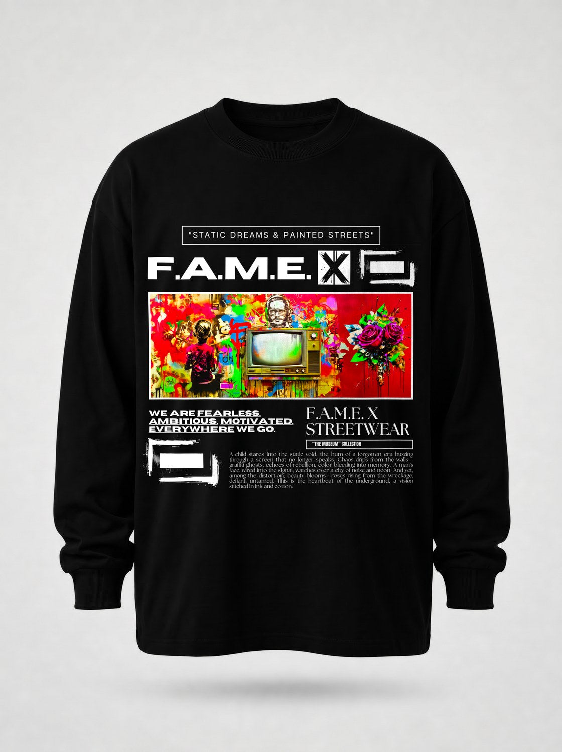 Static Dreams retro TV static pop art long sleeve shirt in black | F.A.M.E. X streetwear