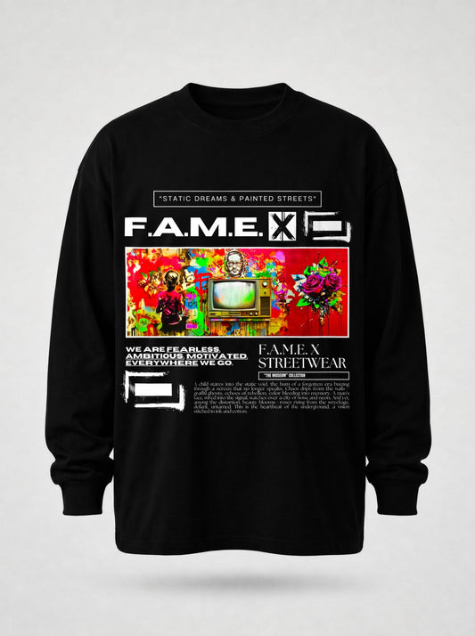 Static Dreams retro TV static pop art long sleeve shirt in black | F.A.M.E. X streetwear