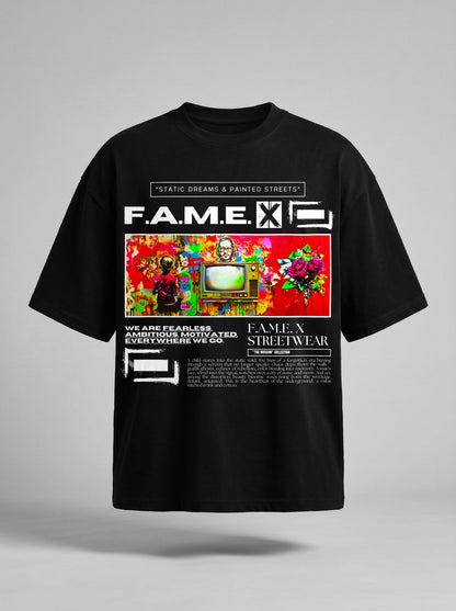 Static Dreams retro TV static pop art graphic tee shirt in black | F.A.M.E. X streetwear