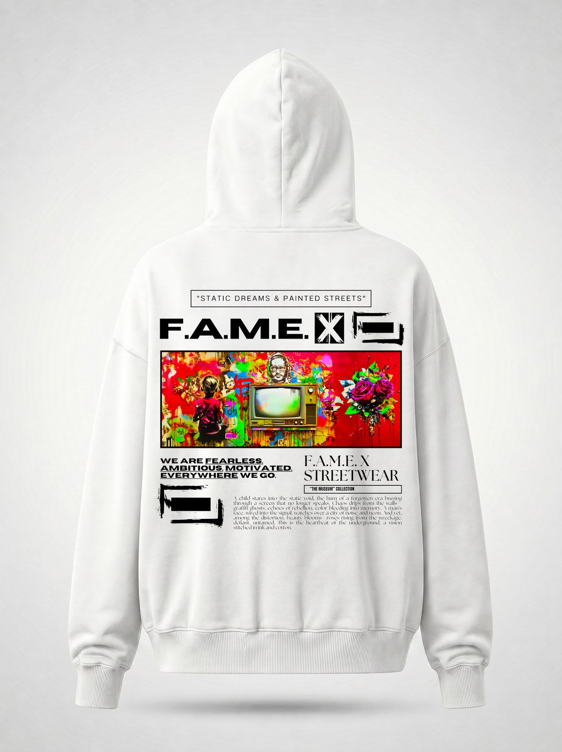 Static Dreams retro TV static pop art hoodie back print view, in white | F.A.M.E. X streetwear