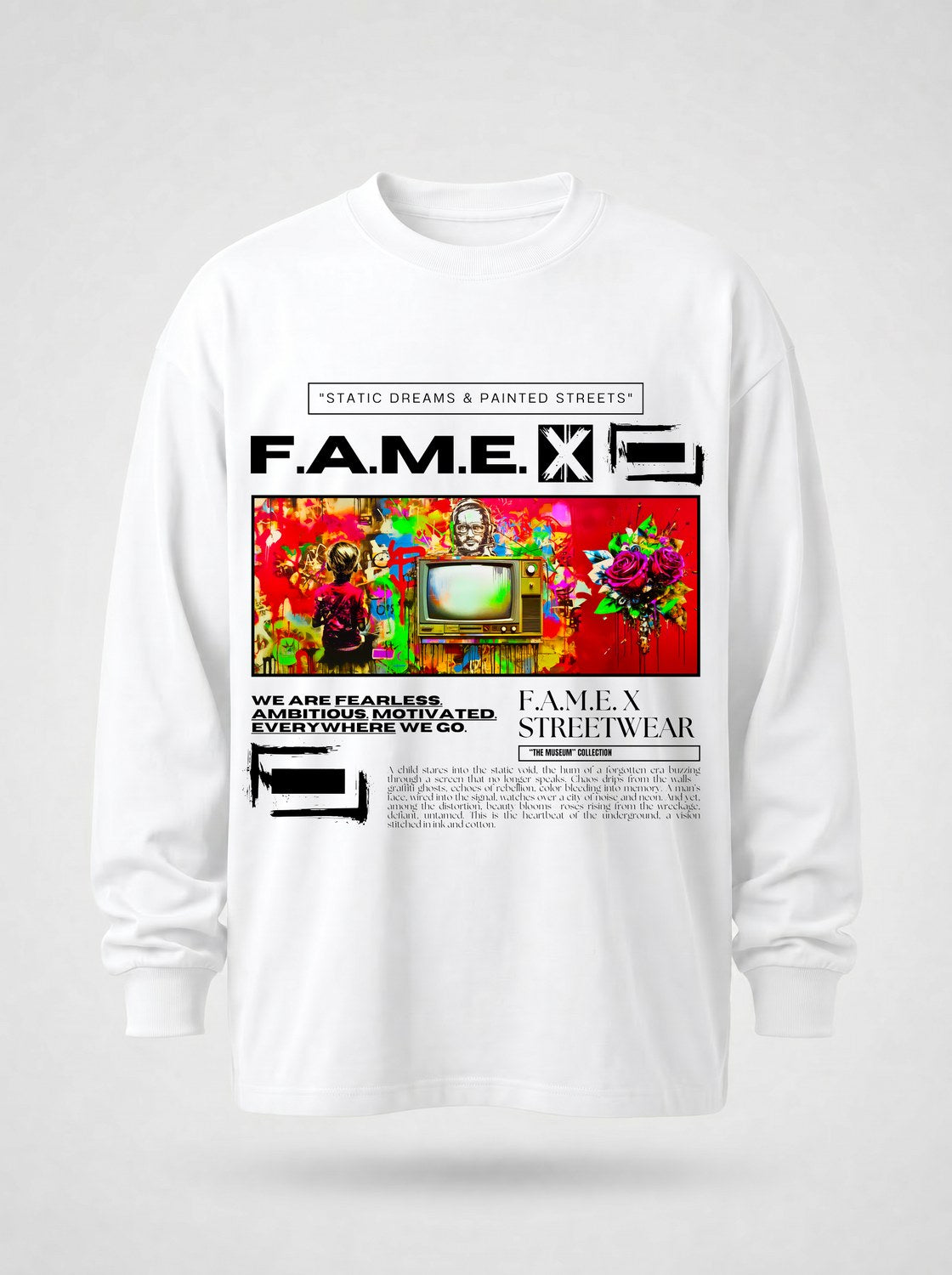 Static Dreams retro TV static pop art long sleeve shirt in white | F.A.M.E. X streetwear