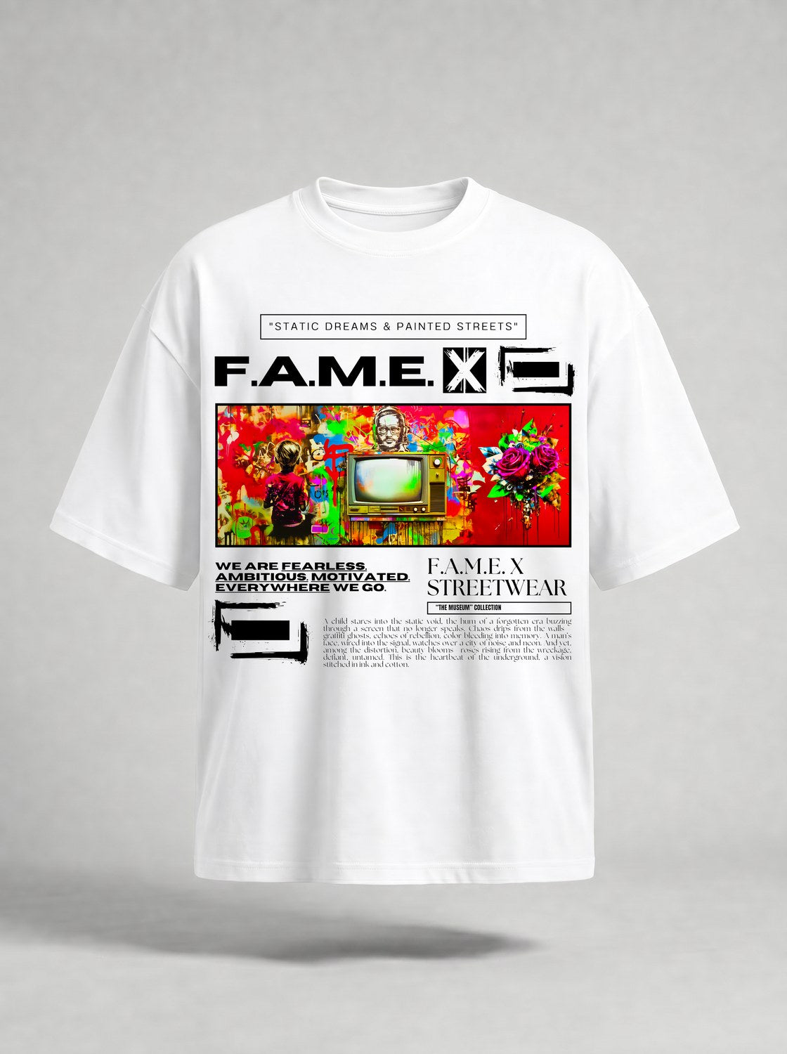 Static Dreams retro TV static pop art graphic tee shirt in white | F.A.M.E. X streetwear