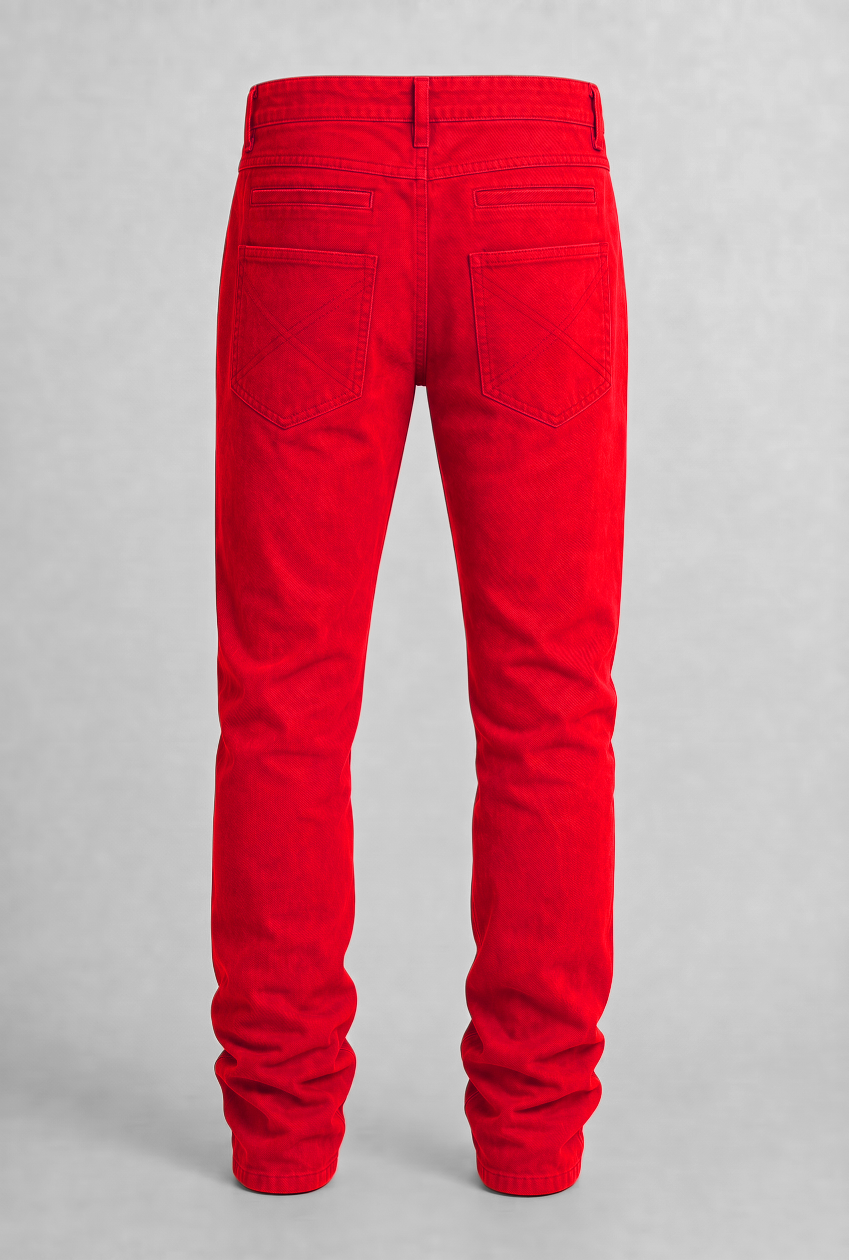 VITA NOVA new life single-color utility denim pants back view, in red | F.A.M.E. X streetwear