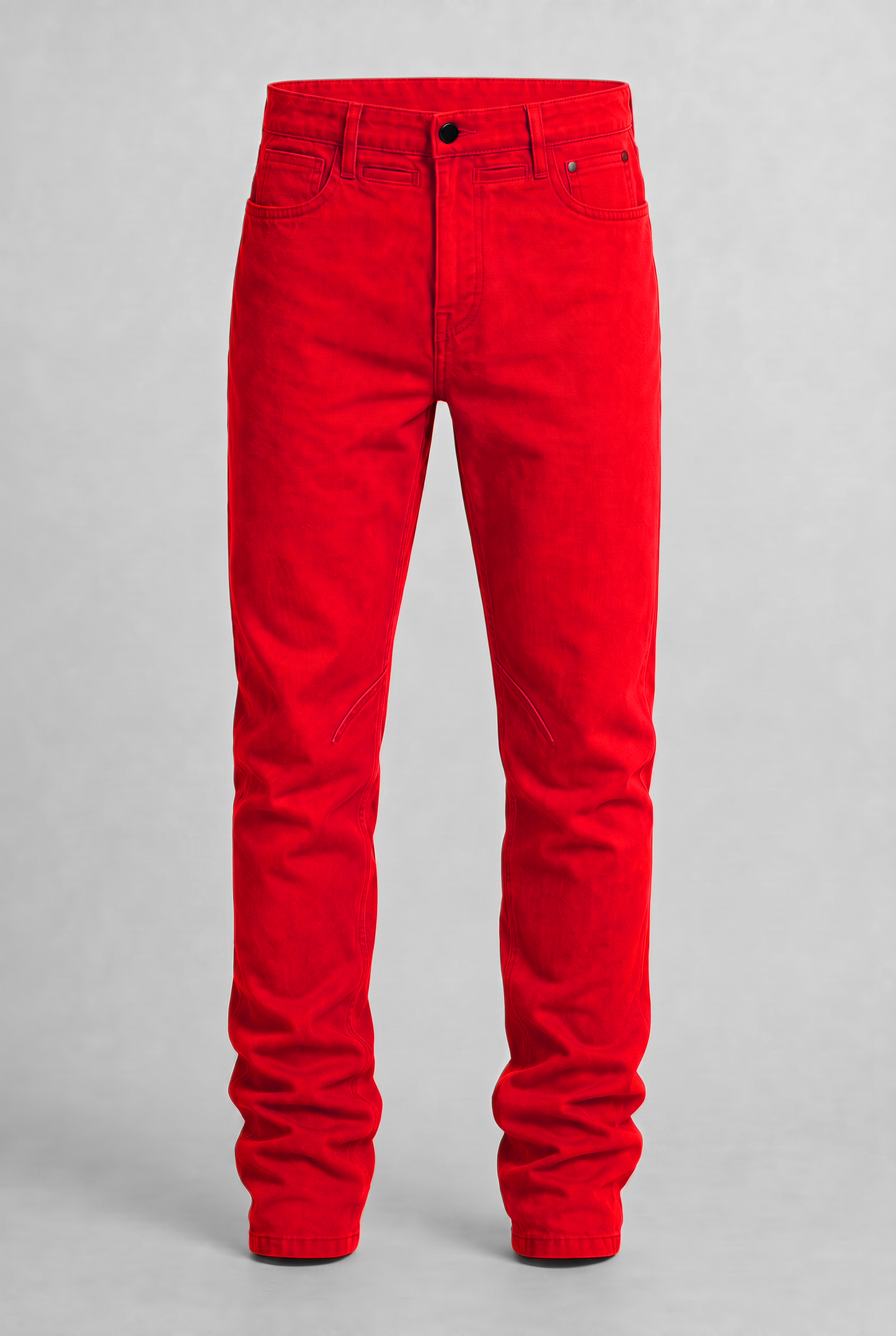 VITA NOVA new life single-color utility denim pants front view, in red | F.A.M.E. X streetwear