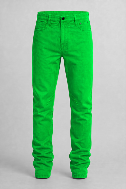 VITA NOVA new life single-color utility denim pants front view, in shamrock green | F.A.M.E. X streetwear