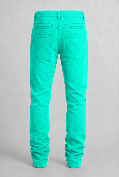 VITA NOVA new life single-color utility denim pants back view, in turquoise | F.A.M.E. X streetwear