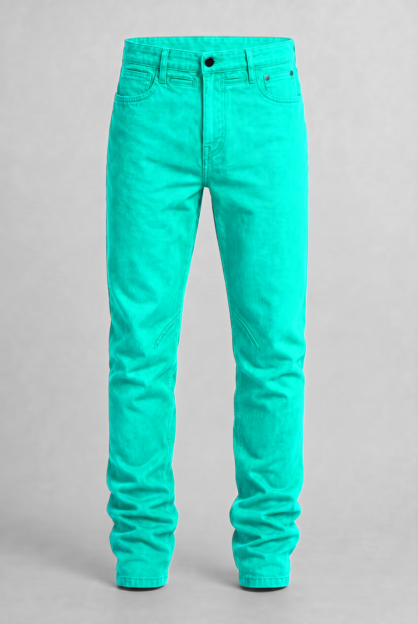 VITA NOVA new life single-color utility denim pants front view, in turquoise | F.A.M.E. X streetwear