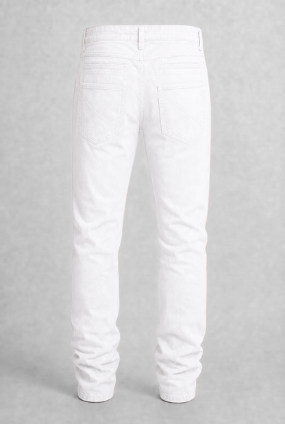 VITA NOVA new life single-color utility denim pants back view, in white | F.A.M.E. X streetwear